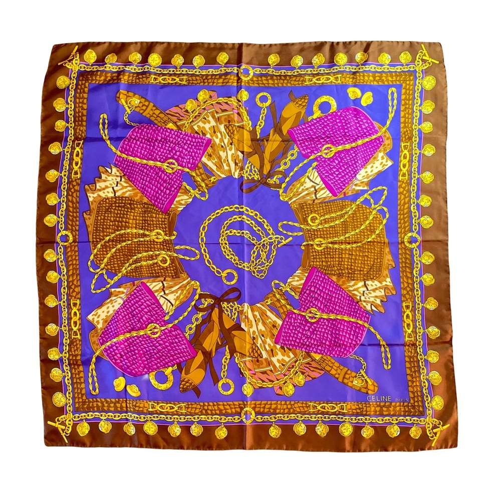 ✨ VINTAGE CELINE Paris Silk Scarf | Purple & Gold Handbag Chain Print | Italy ✨